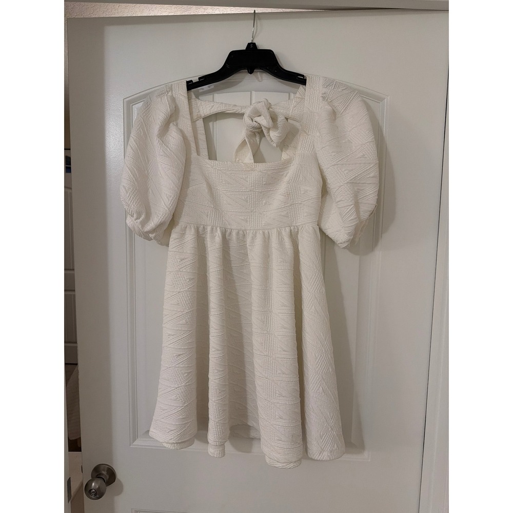 Free People Violet Mini Dress Ivory White Puff Sleeve Tie Back Jacquard XS